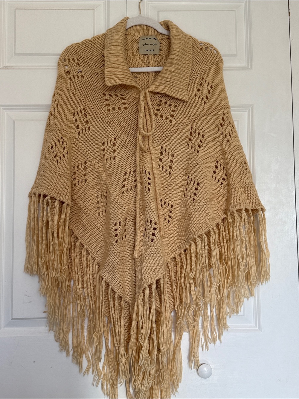 Free People Camel/Tan Knit Fringe Poncho with Collar